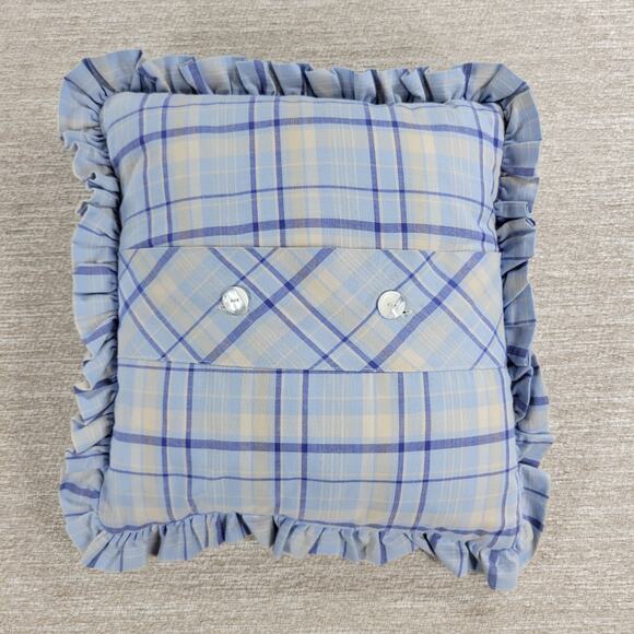VTG Laura Ashley Emilie Pillow 16" Square Blue Cream Plaid Ruffle Trim Cotton - Picture 1 of 16
